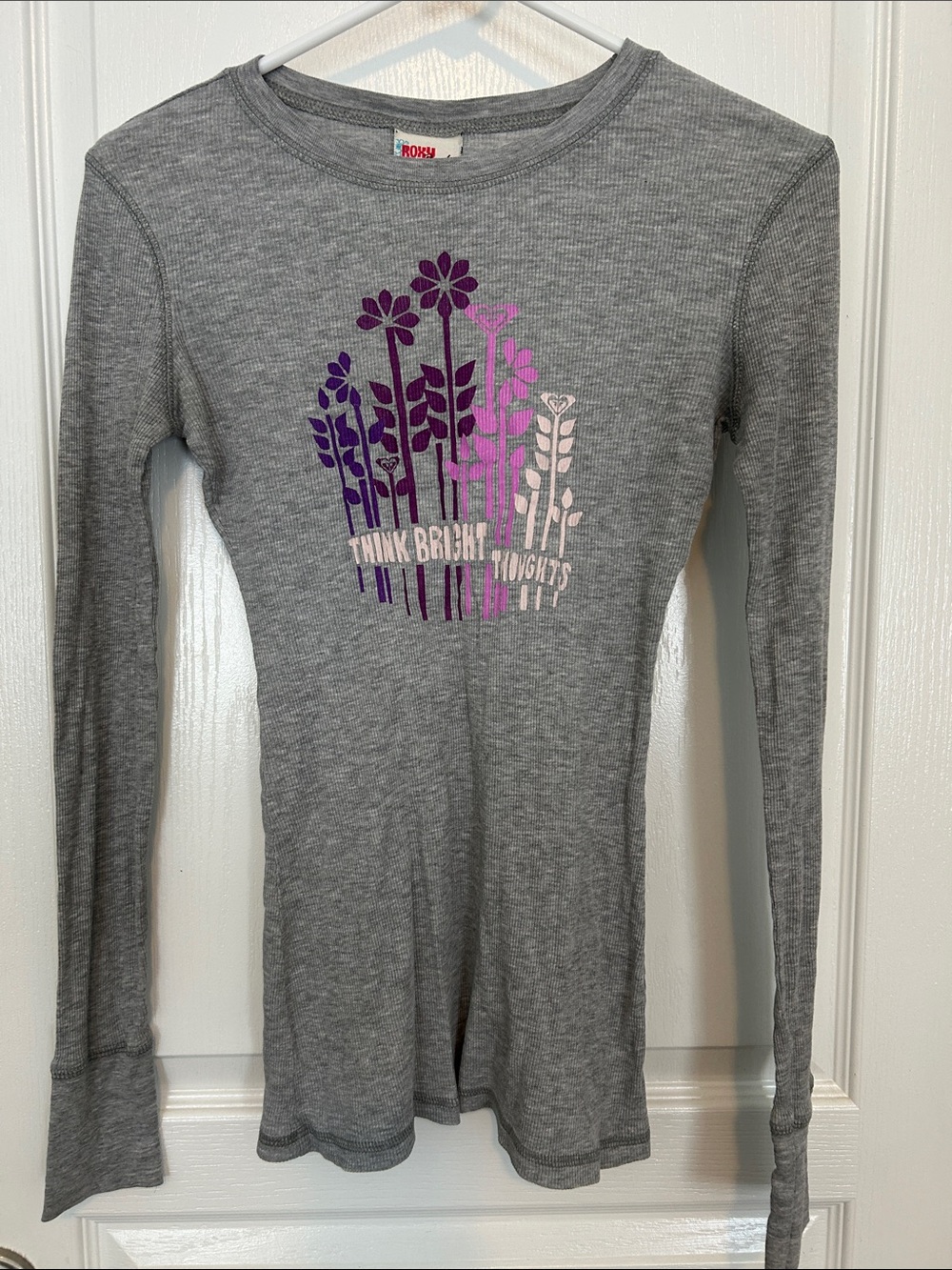 Roxy Gray Long-Sleeve Tee with Purple Floral Graphic